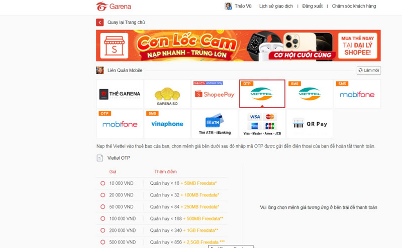 nạp thẻ Garena Free Fire Viettel